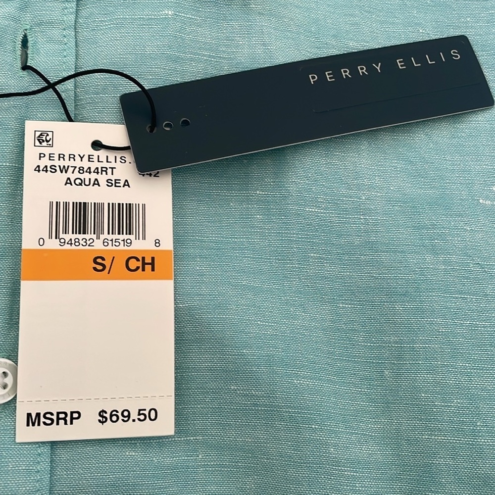 NWT men’s Perry Ellis linen blend button-down shirt aqua sea color size S/CH - Picture 8 of 8